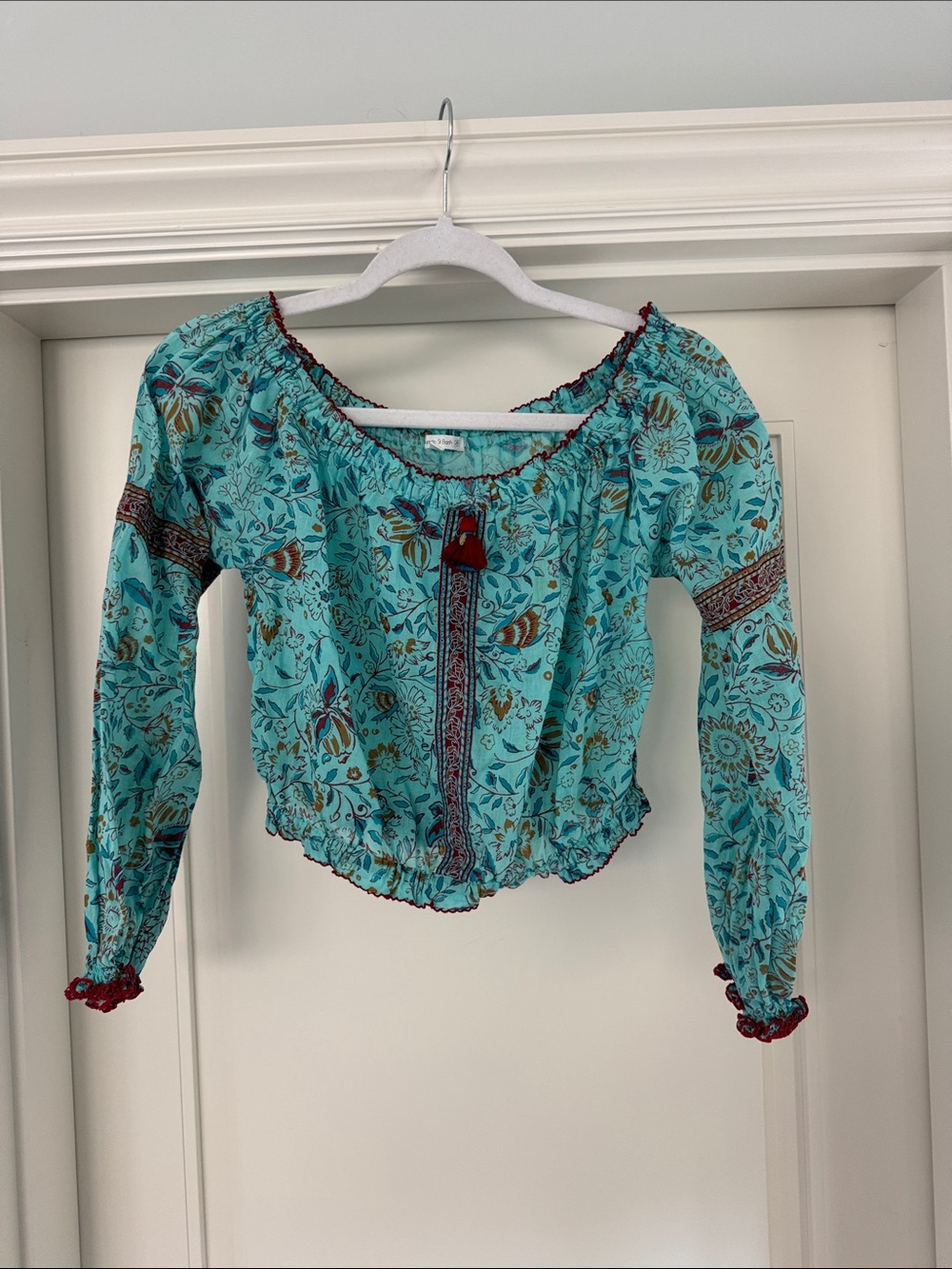 Pouoette St Barth Off-Shoulder Peasant Top - Turquoise Floral